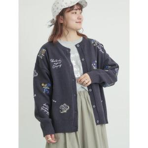 カーディガン 花+ロゴ総柄刺繍カーディガン レディース