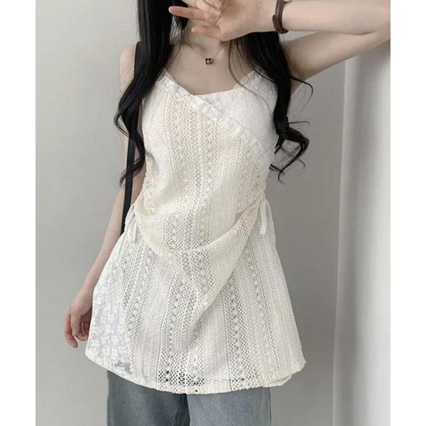 チュニック アシンメトリー リボンレースチュニック キャミワンピース / 白 ワンピ風 重ね着 ガー...