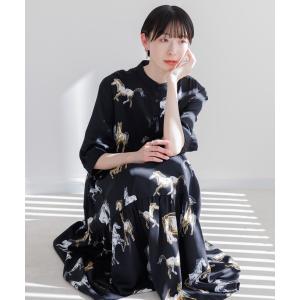 ワンピース ホース柄アシメ切替ワンピース