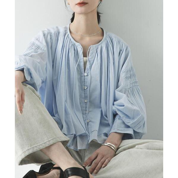 ブラウス シャツ コットンボイルギャザーショートブラウス レディース
