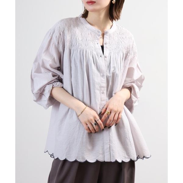 ブラウス シャツ 胸元シャーリング裾スカラップブラウス 長袖 レディース