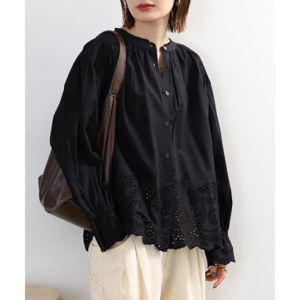 ブラウス シャツ シフリー刺繍袖口スカラップ前開きブラウス 長袖 レディース