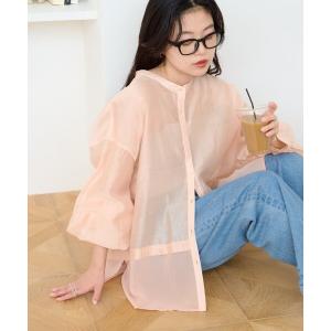 ブラウス シャツ 裾切替シアーバンドカラーシャツ レディース