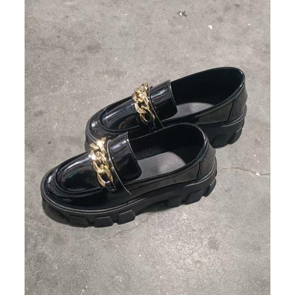 ローファー 厚底スニーカーソール エナメルローファー /ゴールドチェーン レースアップ レディース