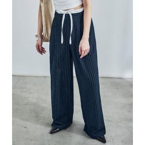 ワイドパンツ スラックス パンツ ダブルウエスト ストライプワイドスラックス レディース