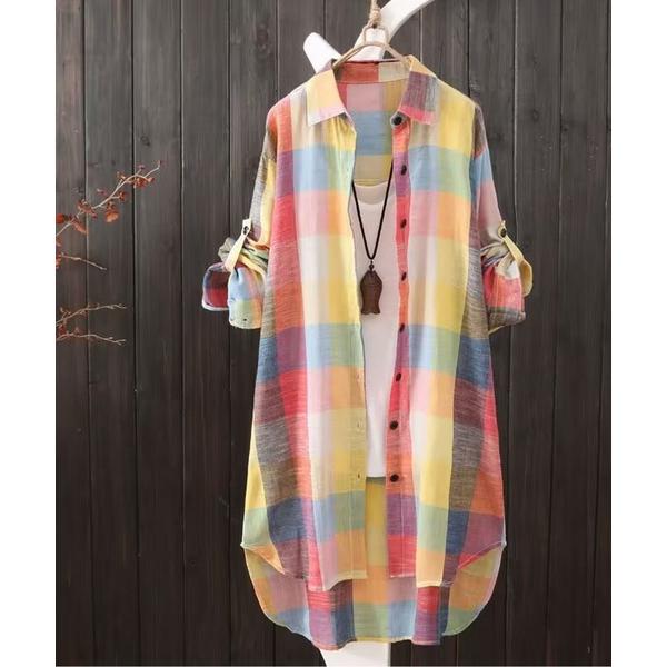 ブラウス シャツ ゆったりチェック ロングシャツ レディース