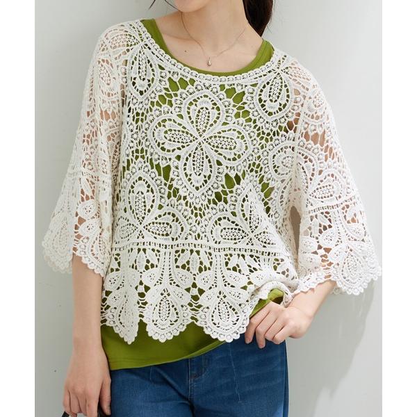 ニット セーター クロシェ編みプルオーバー レディース