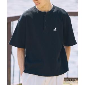 ヘンリーネック tシャツ KANGOL/カンゴール 別注 ロゴ ワンポイント刺繍 ヘンリーネック ショート丈 ワッフル 半袖Tシャツ メンズ レディース