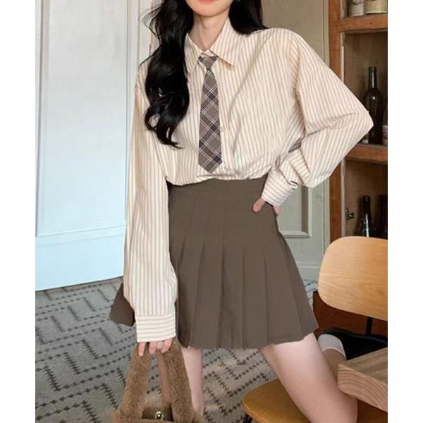 ブラウス シャツ ネクタイ付きストライプシャツ レディース