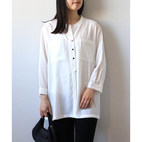 ブラウス シャツ 「L〜6L 大きいサイズ」ソフトビンテージポプリンバンドカラーWポケットシャツ レ...
