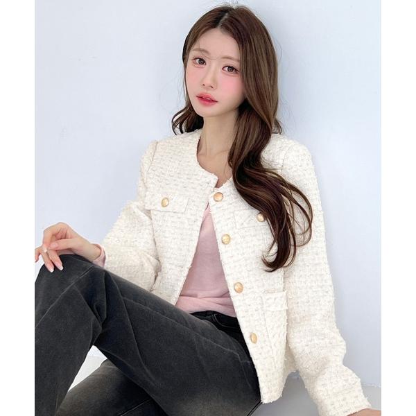 ジャケット ノーカラージャケット 「着用動画あり・3色展開」クラシックゴールドボタンツイードジャケッ...