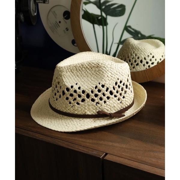 帽子 ハット フェイクレザーリボン付き　ペーパーフェドラハット メンズ レディース