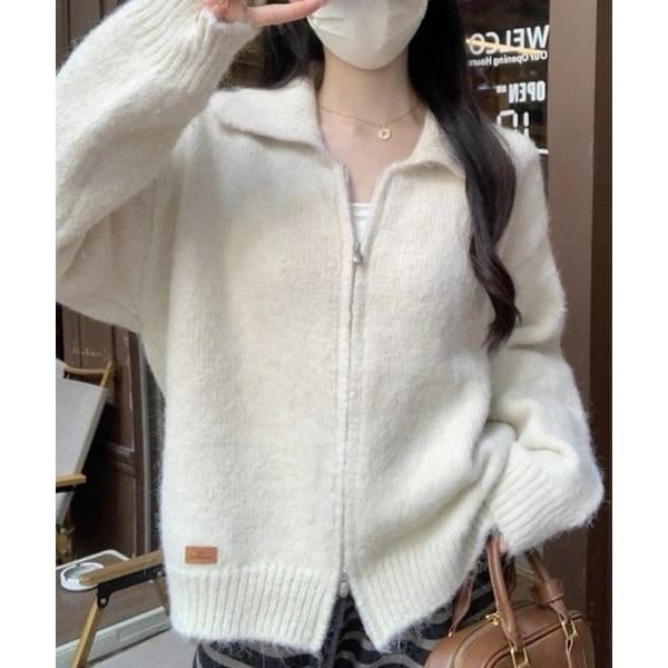 カーディガン 襟付きジップアップシャギーニットカーディガン レディース