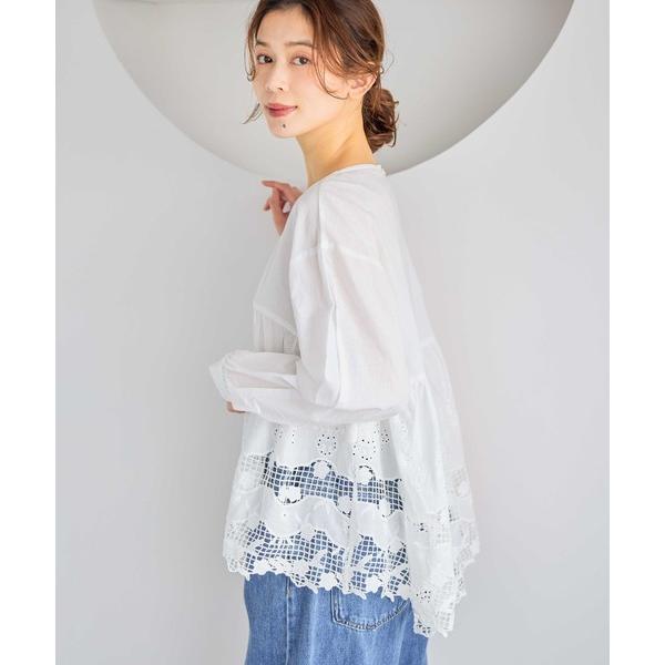 ブラウス シャツ 裾刺繍レースヘムブラウス レディース