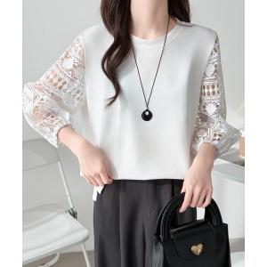 tシャツ 袖レース切替プルオーバー レディース