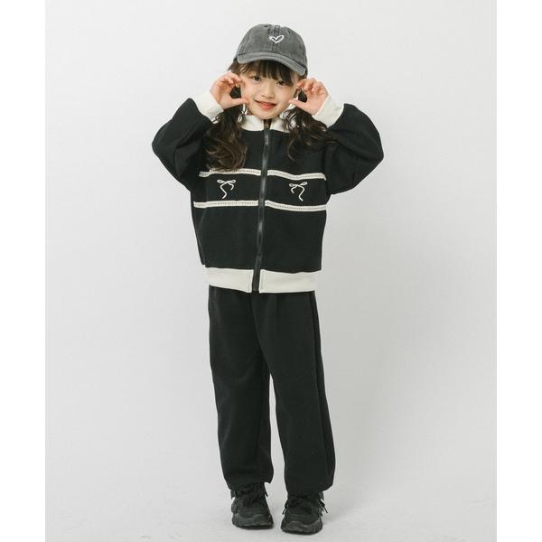 パーカー 「2点セット」バイカラーフロントリボンデザインジップトップス＋ストレートパンツ キッズ 子...