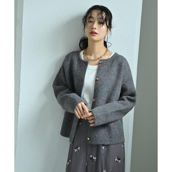 カーディガン 「BLK001」ノーカラーゴールドボタンカーディガン レディース