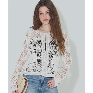 カーディガン 鍵編みノーカラーカーディガン レディース