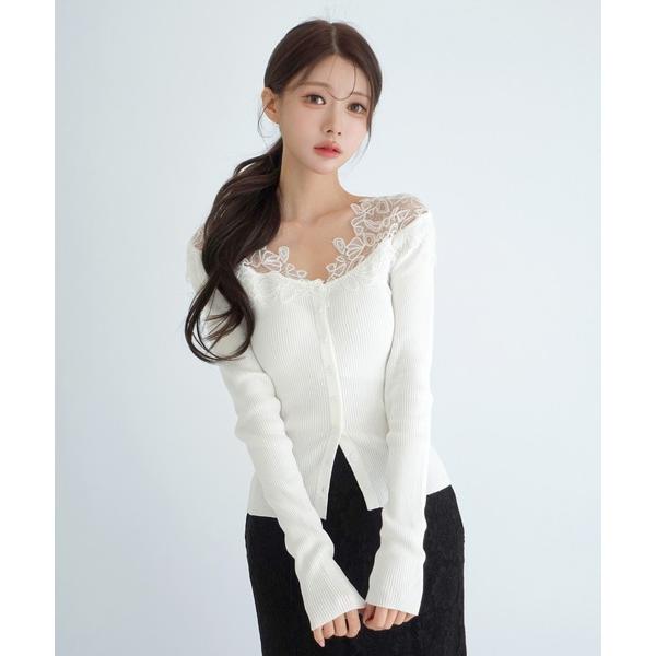 tシャツ 「着用動画あり・選べる5色」フローラルレース Vネックリブニット/2026 SS COLL...