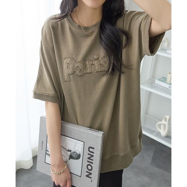 tシャツ アップリケロゴ刺繍ピグメントTシャツ レディース