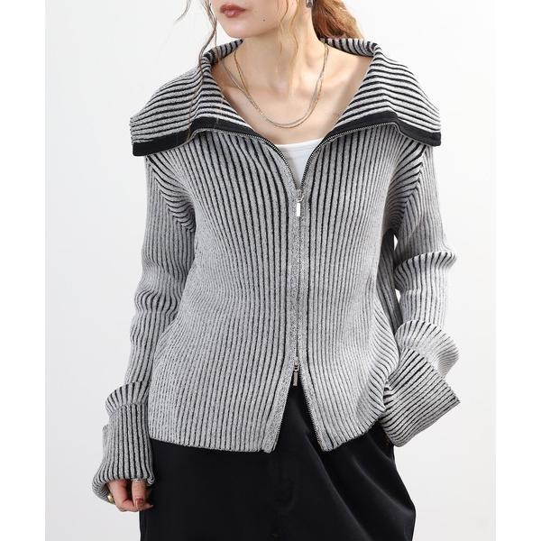 カーディガン comoely closet　バイカラー編地のBIGカラーカーディガン レディース
