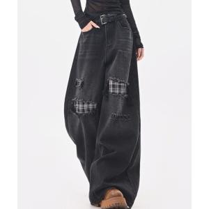 ジーンズ デニム デニムパンツ 「CANVAS＋」チェック切り替えダメージデニムワイドパンツ レディース メンズ