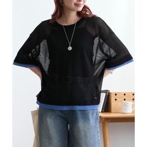 uvカット tシャツ 半袖 クールシアー フェイクレイヤード ルーズ 半袖トップス「接触冷感/UV60%カット/抗ピル/マシンウォッシャブル」