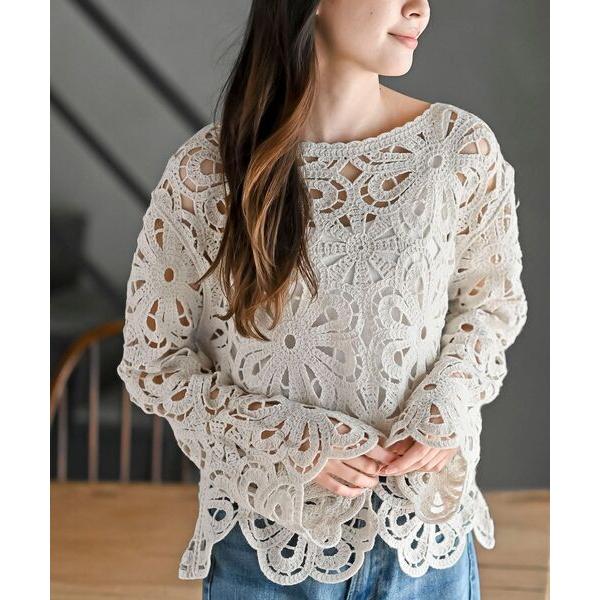 ニット セーター カギ針花柄プルオーバー レディース