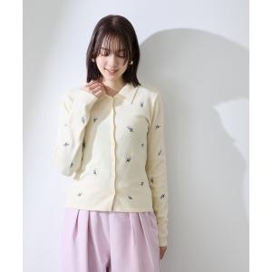 ニット セーター フラワー刺繍ポロニットトップス「手洗い可能」 レディース