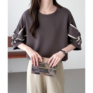 トレーナー スウェット 袖リボンデザイン半袖ダンボールプルオーバー レディース