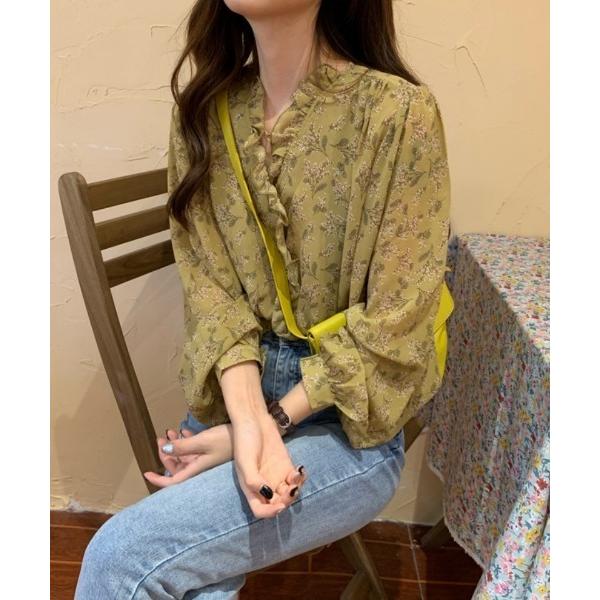 ブラウス シャツ 花柄 フリルデザイン バルーンスリーブシャツ ブラウス レディース