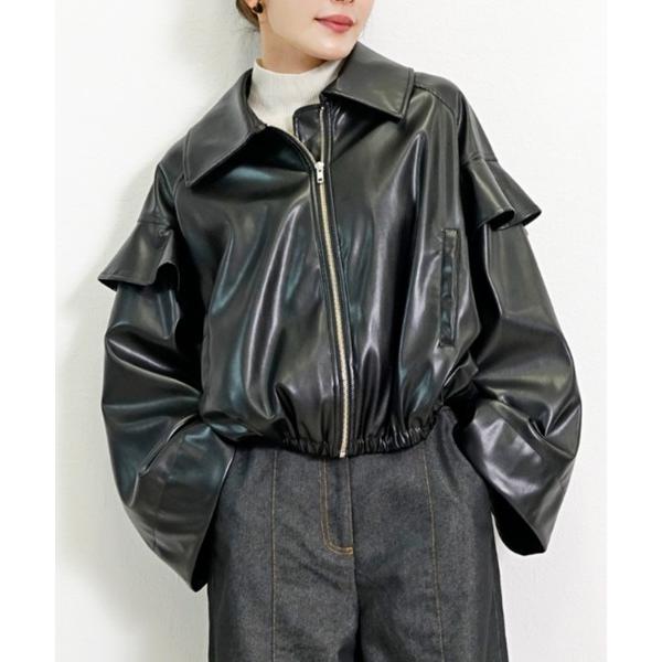 ブルゾン アウター フリルスリーブ フェイクレザージャケット レディース ステンカラー ブルゾン ラ...