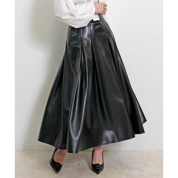 スカート フェイクレザー タックフレアロングスカート / ハイウエスト Aライン エコレザー ボリュ...