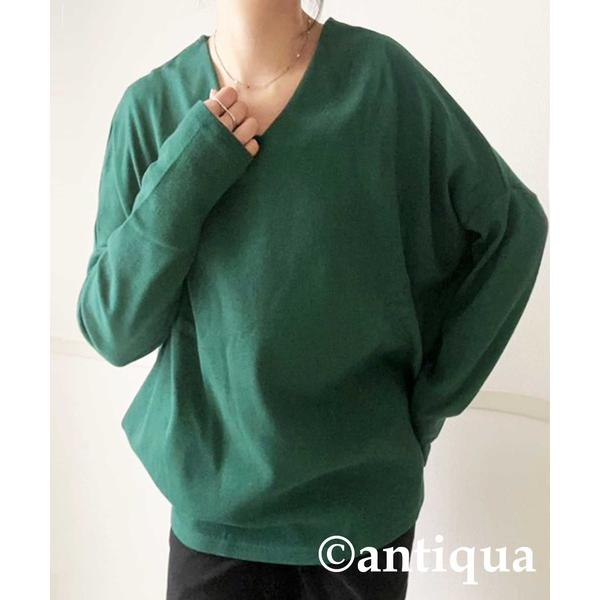 「antiqua」 長袖カットソー V グリーン レディース