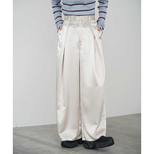 スラックス パンツ 「Bulue.」サテンタックワイドパンツ レディース