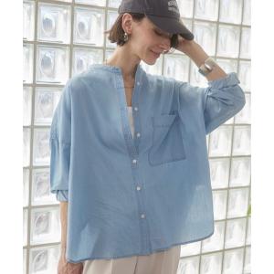 ブラウス シャツ シアーデニム オーバーサイズ バンドカラーシャツ レディース