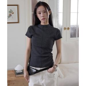 tシャツ 半袖 ハーフネックセンターラインバックシェルボタン半袖ニット レディース