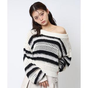 ニット セーター ボーダー透かし編みショートニット レディース
