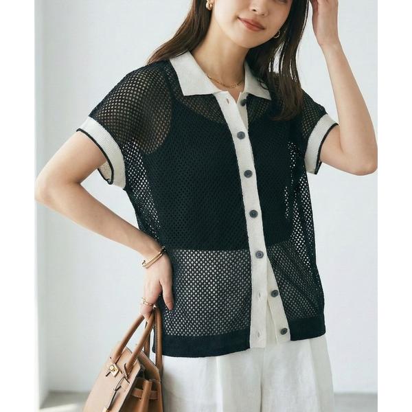 ポロシャツ ポロ フレンチリネン100% メッシュ編み バイカラー サマーニットポロシャツ レディー...