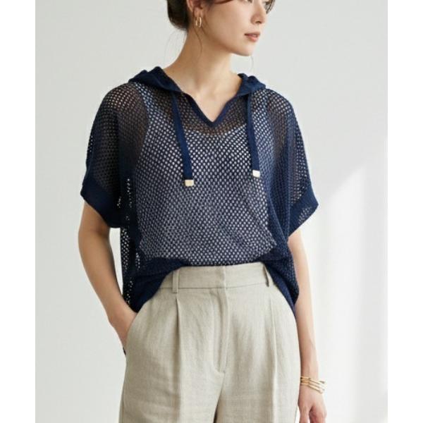 パーカー フレンチリネン100% メッシュ編み サマーニットフーディー レディース レディース