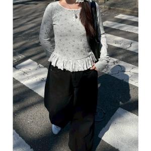 tシャツ コバナ柄テレコ裾フリル レディース