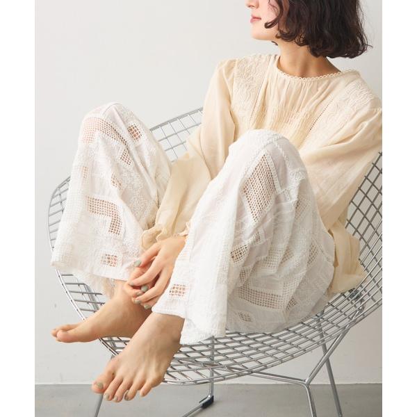 パンツ コード刺繍メッシュイージーパンツ レディース