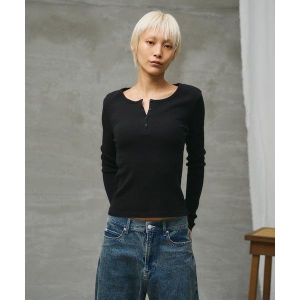 tシャツ 「paradigm」ガス焼ワッフルコンパクトヘンリーネックL/S レディース