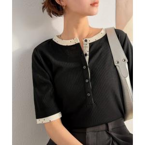 ヘンリーネック tシャツ 半袖 トレンドのヘンリーネック。メニーボタンがアクセントに。レイヤード風ドッキングヘンリートップス レディース