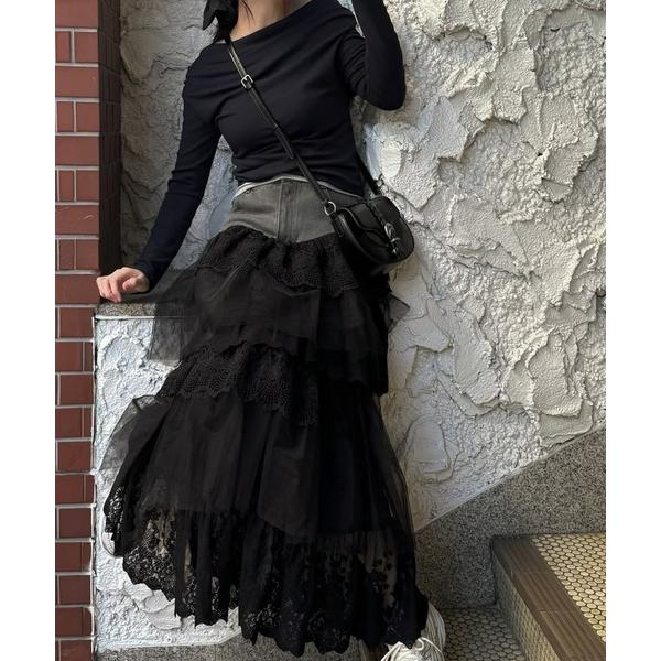 ロング スカート denim yoke lace irregular tiered SK