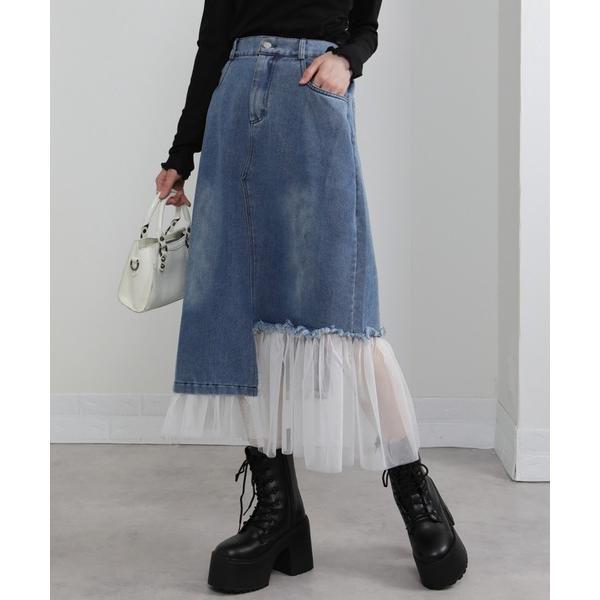 スカート 裾アシメプリーツチュール デニムロングスカート