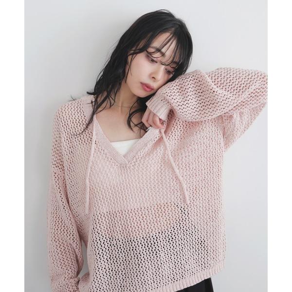 ニット セーター 透かし編みキーネックプルオーバー レディース