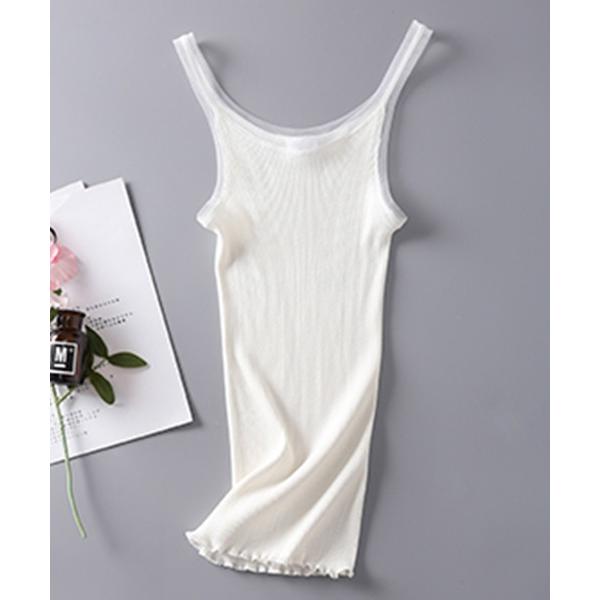 キャミソール シルク混チュールリブタンクトップ