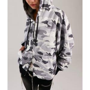 パーカー 「UNISEX」KOOKY'Nカモ柄ワッフルユリ紋章スタッズジップパーカー レディース メンズ