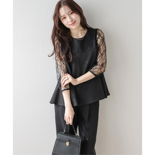 セットアップ レース切り替えフレアブラウス＆パンツ セットアップ レディース